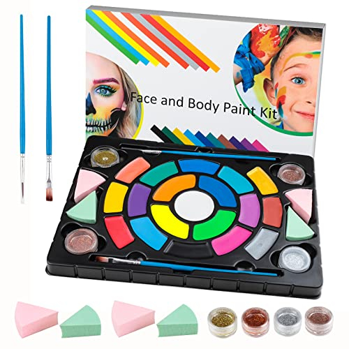 Kinderschminke Set, 19 Farben Professionelle Gesichts- und Körperfarben auf Wasserbasis, Halloween Schminkfarben Mädchen Junge 4 Glitzer 4 Schwämme und 2 Pinsel Bodypainting Face Paint