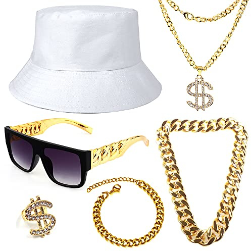 Gionforsy Hip Hop Kostüm Zubehör Set 6 Stück mit Bucket Hut Sonnenbrille | Goldkette Armband Ring, 80er 90er Jahre Rapper Accessoires Set für Mottoparty Halloween Karneval Fasching