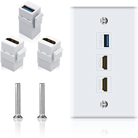 Poyiccot HDMI USB Wall Plate, HDMI Wall Plate USB 3.0 Wall Plate, 3Port Keystone Wall Plate with 4K HDMI + USB 3.0, for Cable Mount Socket HDMI Wall Outlet and USB Wall Outlet, White (USB +HDMI)