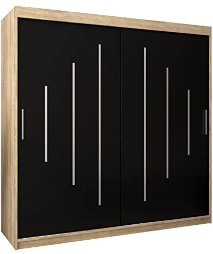 Kryspol Schwebetürenschrank York 200 cm Kleiderschrank mit Kleiderstange und Einlegeboden Schlafzimmer- Wohnzimmerschrank Schiebetüren Modern Design (Sonoma + Schwarz)
