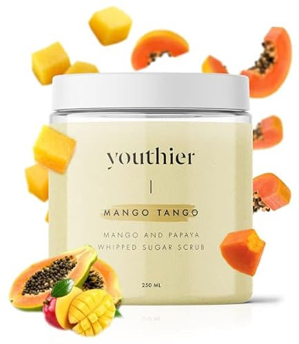 Youthier Erfrischendes Körperpeeling 250 ml, Mango Tango Body Scrub, Bio nahrhaftes Hautpeeling, Salzpeeling mit Mango und Papaya, spendet der Haut Feuchtigkeit und macht sie weich
