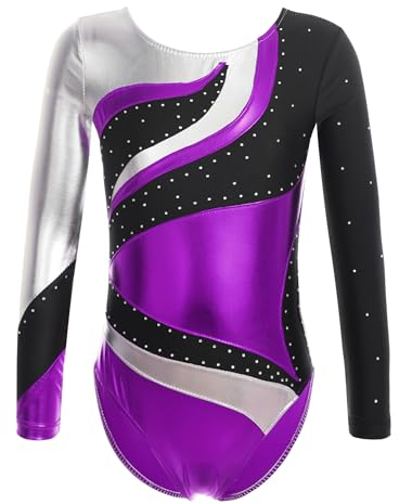 iEFiEL Mädchen Metallic Turnanzug Langarm Gymnastikanzug Tanzbody Leotard mit Strass Glänzende Ballett Trikot Turnkleidung Tanzkostüm Violett 170-176