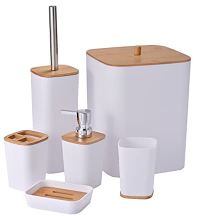 Yorkmills 6 Pieces Bamboo Bathroom Accessories set, Bathroom Accessory set, Bathroom Bin Toilet Brush Set, Durable Toothbrush Holder Cup, Soap Dispenser With Pump, Soap Dish Holder, Modern Trash Can