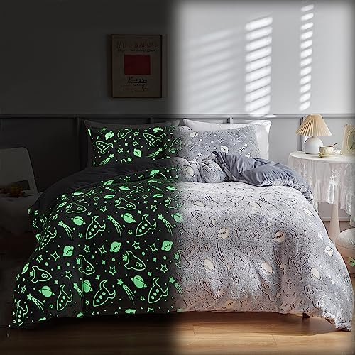 Freyamy Flanell Bettwäsche 200x220cm Grau Weltraumrakete Leuchtend im Dunkeln Kinder Winterbettwäsche Samt Biber Cashmere Touch Flauschige Bettbezug und 2 Kissenbezug 80x80cm mit Reißverschluss