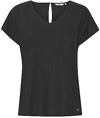 OXMO OXSABINE Damen Bluse Shirt aus Leinenmix mit V-Ausschnitt und Knopfverschluss am Rückenausschnitt, Größe:40, Farbe:Black (200451)