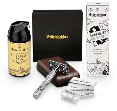 Störtebekker® Premium Anti Hautirritationen Set - Für eine perfekte Rasur - inkl. Rasierhobel Silber, Rasierklingen, After Shave Balsam - Geschenkidee Herren - Rasierset/Bartpflege Set Herren