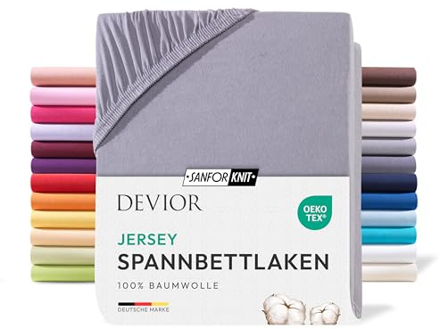 Devior Jersey Spannbettlaken 140x200cm - 160x200cm, 100% Baumwolle, Matratzenhöhe bis 22cm, Grau – 135 g/m² Anti-Statisches, atmungsaktives Bettlaken mit Einlaufschutz, Matratzenbezug Grau