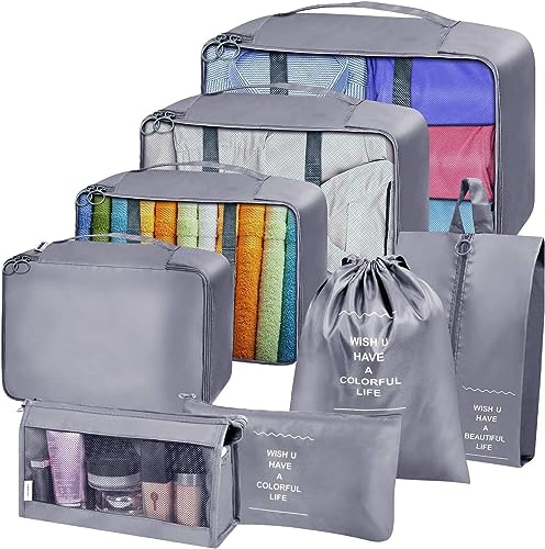 Packing Cubes, 8 Teilige Koffer Organizer, Kleidertaschen für Urlaub und Reisen, Packtaschen für Koffer, Packwürfel Set Reise Würfel (Grau)
