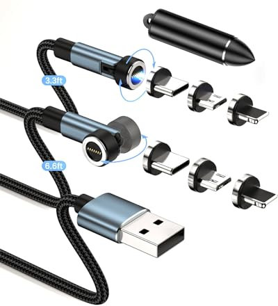 YKZ 360° & 180° Magnetic Charging Cable 2 Pack (1M+2M) - 3-in-1 Data Sync USB C Charger Cable for iPhone/Samsung/Micro USB Devices