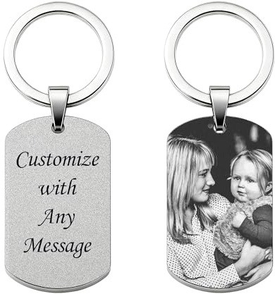 GuteGifts Personalised Photo Engraving Keyring Customize with Any Text | Stainless Steel Key fob, Birthday Christmas Mothers day Fathers day Christmas Memorial Gift