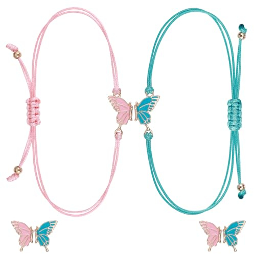 2 Stück Freundschaftsarmbänder, Freundschaft Armband mit Schmetterling Anhänger, Verstellbare Freundschaftsarmband Mädchen, Elegant Armband Beste Freundin Geschenke, Bff Armbänder für 2 (Rosa, Blau)