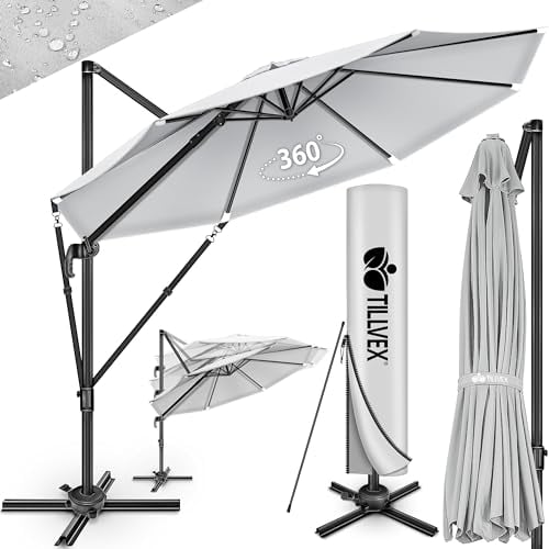 tillvex® Sombrilla Premium 330cm con manivela, cubierta y protección contra el viento, 6 posiciones ajustable con manivela, Parasol de jardín giratoria 360° & inclinable