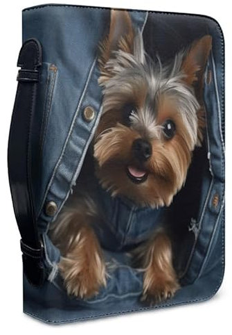 Garronmavis Custodia tascabile per libri biblici Yorkshire Terrier da donna, borsa per libri biblici con cerniera con cane in jeans - XL