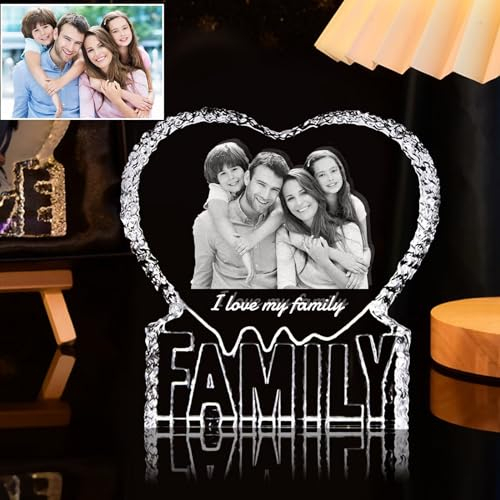Regalos para la familia,Marcos de fotos de cristal personalizados,Adornos de cristal en forma de corazón,Regalos de cristal con foto,Placas grabadas en 2D con foto y texto,Regalos para abuelos