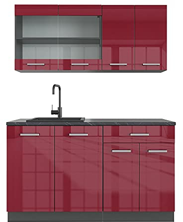 Vicco Singleküche R-Line, Bordeaux Hochglanz/Anthrazit, 140 cm, AP Marmor