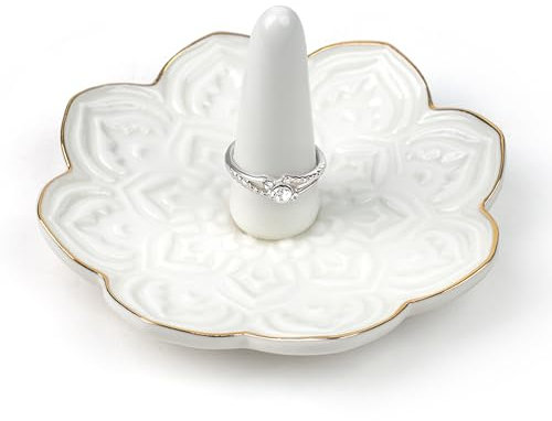 Winter Shore Support Bague Mandala Blanc en Céramique - Élégant Porte Bague Mariage & Fiançailles - Cadeaux de Fiançailles pour Couples - Petit Porte Bijoux Décoratif - Plateau à Bijoux & Clés