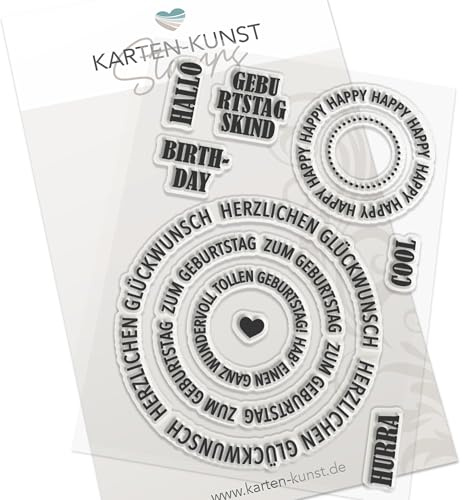 Karten-Kunst Clear Stamps KK-0264 Stempel Kreistexte zum Geburtstag Silikonstempel Runde Textstempel in 4 Größen + Mini-Wörter