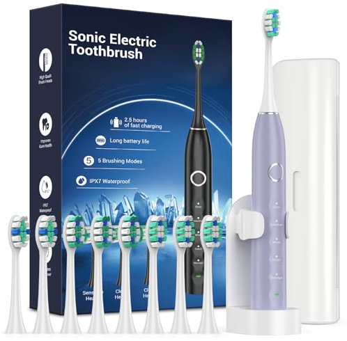 Rtauys Sonic Electric Toothbrush for Adults with 8 Brush Heads, IPX7 Electric Toothbrush with Travel Case, 2.5 Hours Charge for 120 Days, 5 Modes with 2 Minutes Built in Smart Timer Light Purple