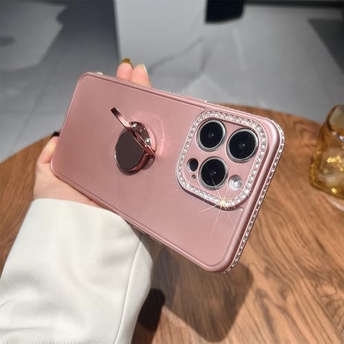 ADKOT Custodia per anello con diamante per iPhone 15 Pro Max 12 11 13 14 15 Plus Custodie con copertura placcata opaca con gemme glitterate, rosa ZH, per iPhone 15 Plus