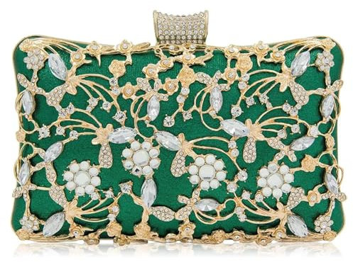 YUEZHAN Abendtasche Damen Clutch Hollow Out Style Frauen Abend Taschen Strass Steine Metall Clutch Schulter Party Geldbörse Kristall Handtasche Grün