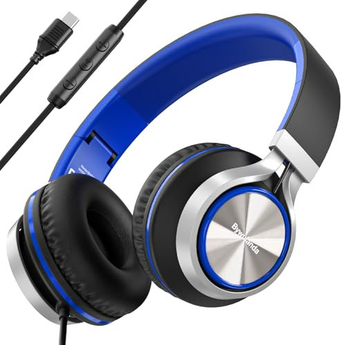 Bywulanda Cuffie USB C con microfono e controllo del volume, cuffie stereo over-ear per iPhone 15 16 Pro, cuffie pieghevoli cablate per smartphone, Chromebook, laptop, Tablet, Viaggi (Nero/Blu)