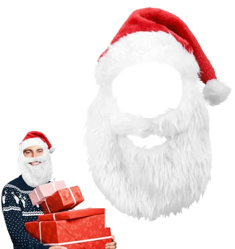 Samt Nikolausmütze - Erwachsene Nikolausmütze mit Bart Nikolausmütze | Klassische Nikolausmütze, Weiß Bart Kostüm Santa Kostüm, Atmungsaktiv Bequem für die meisten Erwachsenen und Jugendliche
