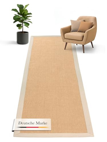 carpetfine Sisalteppich Läufer Naturfarbe 75x300 cm handgewebt mit Bordüre aus Baumwolle in Creme | Rutschfester Flachgewebe Teppichläufer Uni aus Naturfasern für Wohnzimmer, Schlafzimmer