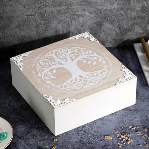 WPAJIRZO Boîte à thé en bois blanc avec motif arbre de vie | Boîte à thé 9 compartiments | Boîte cadeau pour femmes, hommes, amateurs de thé