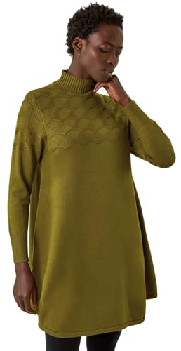 Roman Originals Diamond Stitch Knitted Dress for Women UK - Ladies Everyday Autumn Winter Funnel Neckline Comfy Soft Evening Vacation Work Party Night Out - Olive - Size ONE