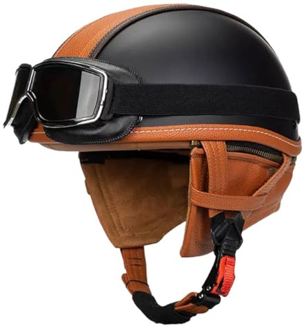 Vintage Motorradhelm Open Face Leder-Helm Winddichter Motorrad Roller Helm Mit Brille Jethelm Straßenhelm Für Damen Und Herren ECEDOT Zertifizierung Halbschalenhelm 4,S:55-56CM