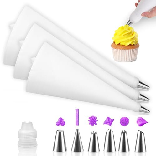 Lot de 3 Poches à Douille Professionnelles, 40/35/30 cm, Réutilisables, en Coton, pour Décorer Gâteaux, Biscuits, avec 6 buses en Acier Inoxydable