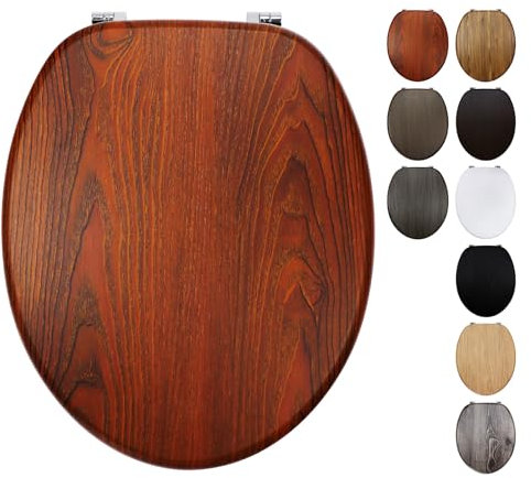 Fanmitrk Toilet Seat Wooden, MDF Moulded Wood Toilet Seat with Adjustable Zinc Alloy Hinges with Bottom Fixings, Easy to Clean and Install (JH72-1-02)