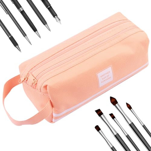 KEWUF Trousse à Crayons, Trousse de Grande Capacité, 2 Compartiments, Trousse Scolaire, Trousse à Crayons Portable, Pencil Case à Fermeture éclair, Simple et Belle, Tissu Oxford, Rose.