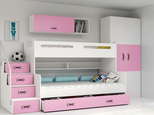 Interbeds Etagenbett Hochbett Stockbett mit Treppe und Stauraum Kinderbett Stauraumbett für Kinder und Jugendliche Bettgestell mit Lattenrost (weiß+rosa)