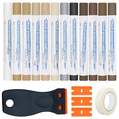 Hartwachs Reparaturset 12 Farben, Parkett Reparaturset, Laminat Reparaturset mit Schaber, Holz Reparaturset, Raufaser Reparatur, Fliesen Reparaturset, Vinyl Reparaturset für Laminat, Holz, PVC,Kratzer