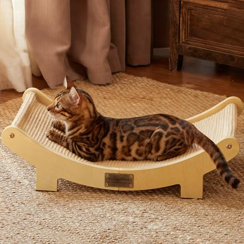 FUKUMARU Cat Scratcher Bed Sisal, 60 cm Durable Scratching Bed for Indoor Cats, Large Cat Scratch Pad, 100% Natural Sisal Hammock, Solid Wood Frame Lounger Chair for Sleep & Scratch (Wood)