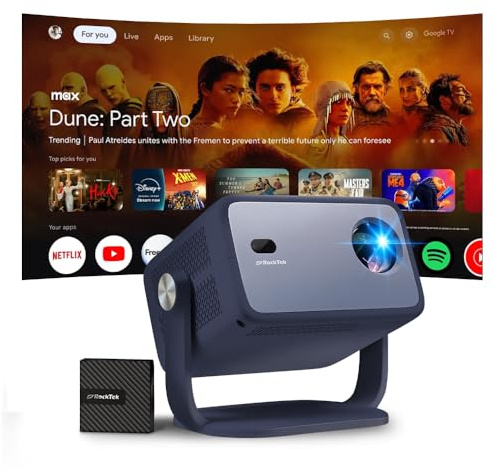 RockTek PJ400 LED Beamer, 1080P Full HD, 4K Dekodierung, 1000 ANSI Lumen, Dual System (RT OS & Google TV-System Box), Auto Fokus, Automatische Trapezkorrektur & Hinderniserkennung, 180° Drehwinkel