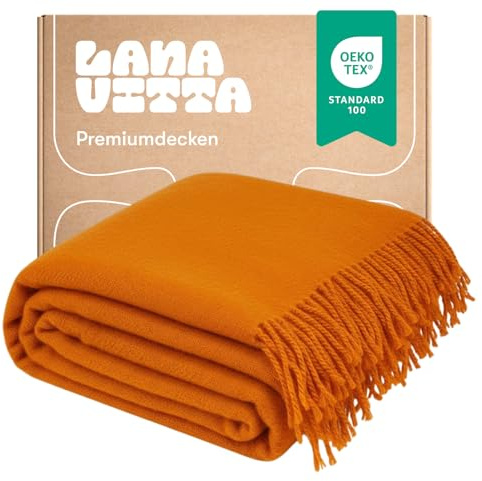 Lanavitta – Wolldecke „Runo“ – Tagesdecke & Bettüberwurf – 100 % Neuseeland-Wolle, Warmer Sofa-Plaid – Orange – 140x200 cm