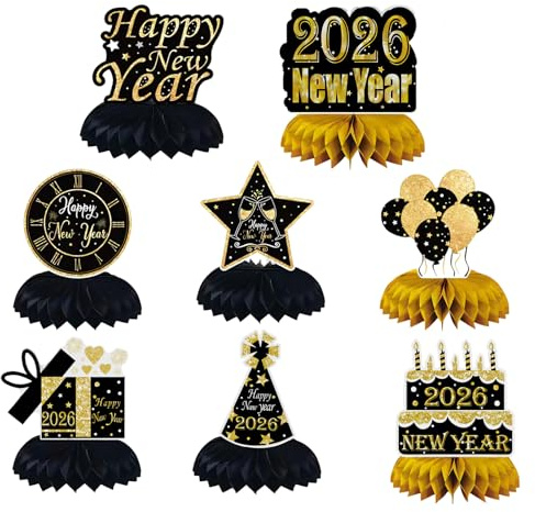 8-teilige Silvester Deko 2026, Neujahrs Honeycomb Dekorations Set, Festliche Tischdekoration für Happy New Year 2026 & Happy New Year, Silvester Deko für Party und Heimdekoration