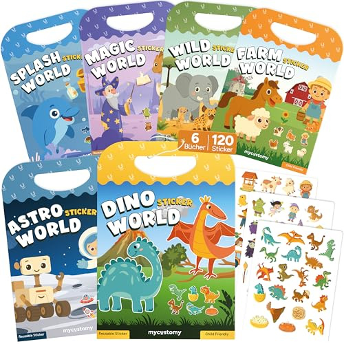 mycustomy 6 Stück Stickerbuch Wiederverwendbar, 120 Aufkleber Kinder