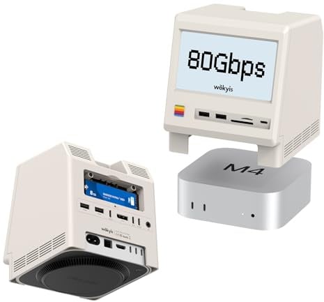 Wokyis M5 Retro Dock Station per Mac mini M4 Pro, 80 Gbps M.2 NVMe SSD Enclosure con ventola di raffreddamento, compatibile con Thunderbolt 5/4/3/USB 4, display HD da 5 pollici, lettore SD/Micro SD