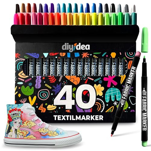 DIYIDEA Rotuladores para Tela 40 Colores Lavables Camiseta Bolsa Zapatos | Rotuladores para tela permanentes, no tóxicos, sin planchado, resistentes al lavado, algodón, lona, camiseta, bolsa, zapatos