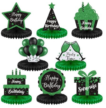 Bubaxuce 8 Stück schwarz und grün Geburtstag Tischdekoration, Happy Birthday Waben Tischaufsteller für Männer Frauen