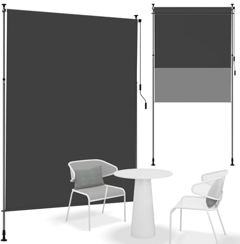 Suusolny 120x310cm Senkrechtmarkise Dunkelgrau Klemmmarkise mit Handkurbel Sichtschutz ohne Bohren Vertikalmarkise Wetterfest & UV-Schutz Balkonrollo Außenrollo Wasserfest für Terrasse Garten
