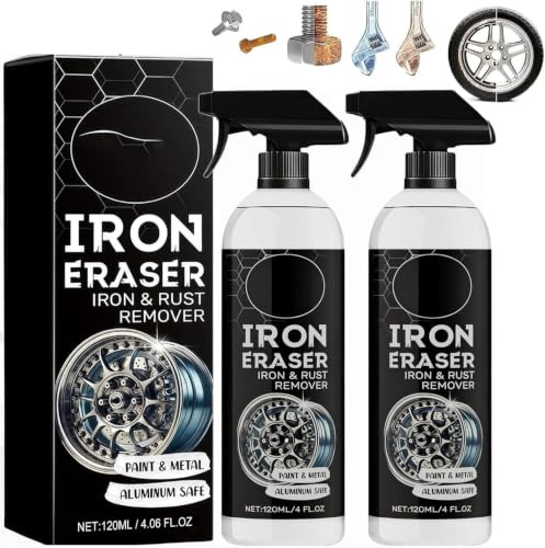 Iron Eraser Rust Remover Spray, 2026 New Iron Powder Remover Spray, for Car Wheels and Paint Fast Acting Rust and Brake Dust Removers for Wheels, Tools & Hardware, 120 ML (2PC)