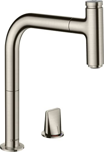 hansgrohe 2-Loch Einhebel-Küchenarmatur, Komfort-Höhe 200 mm, mit Ausziehauslauf und Schlauchbox, Edelstahl Finish