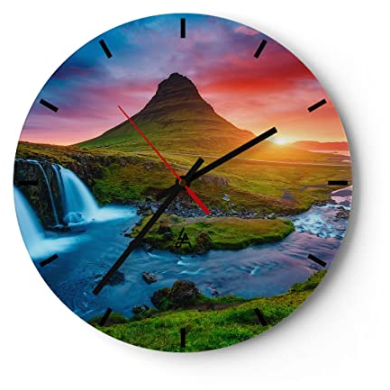 Modern Wanduhr Sonnenuntergang Wasserfall Island Vulkan 40x40cm Rund Groß Wand Uhr Glas Analog Zimmeruhren Küche Büro Wohnzimmer Glasuhr Wall Clock Dekoration Design Küchenuhr C3AR40x40-2963