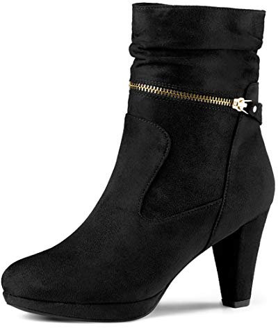 Allegra K Femmes Cheville Zip Plate-Forme Talon Haut Mi-Mollet Bottes Noir 39
