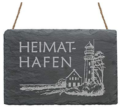 Wetterfeste Schiefertafel « HEIMATHAFEN » mit Motiv LEUCHTTURM - Schild Türschild Dekoschild Wanddeko Geschenk - Ostsee Nordsee Küste Strand Maritimes
