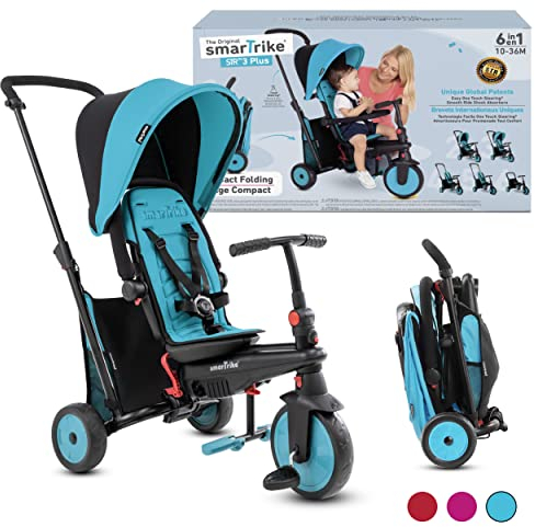 smarTrike STR3 Klappbares Kleinkinder-Dreirad mit Kinderwagen-Zertifizierung für 1,2,3 Jahre - 6 in 1 Mehrstufiges Dreirad , Blau